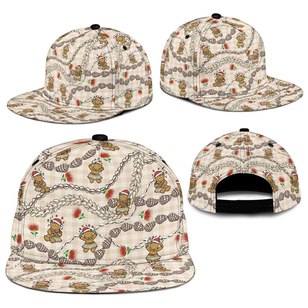 Beige Palaka Hawaii Mele Kalikimaka Snapback Cap Ohia Lehua Shell Leis Funny Gingerbread Santa - Polynesian Pride