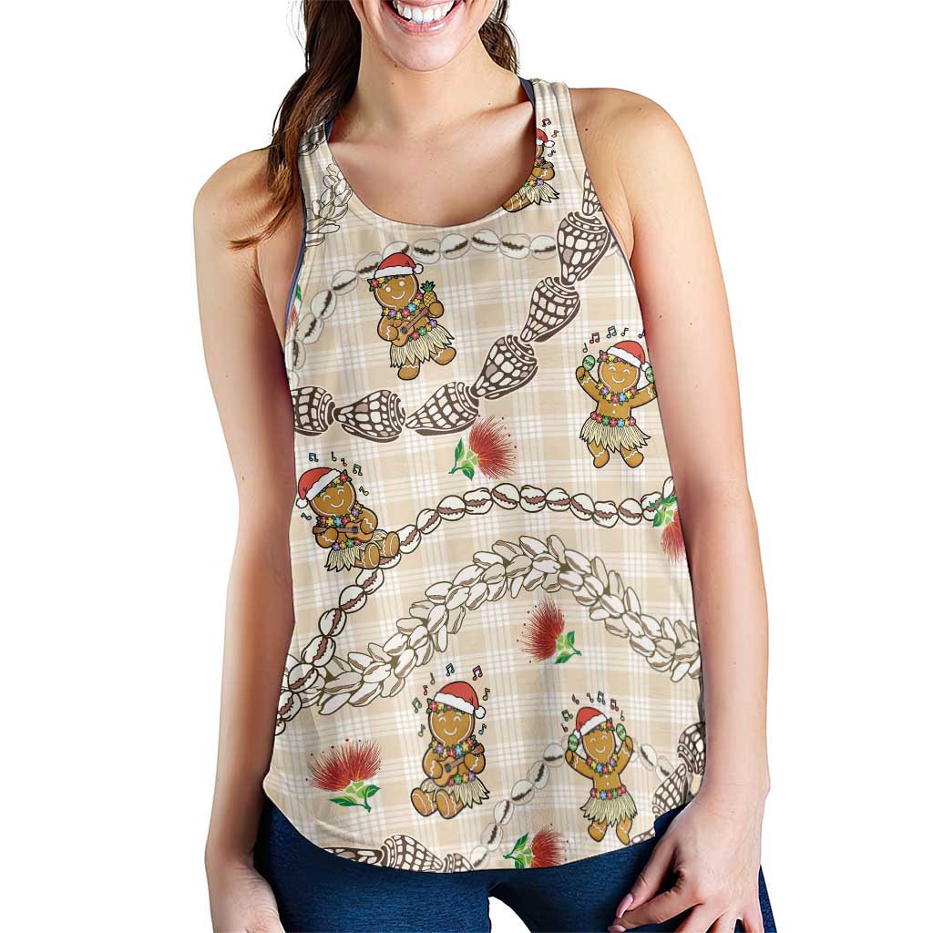 Beige Palaka Hawaii Mele Kalikimaka Women Racerback Tank Ohia Lehua Shell Leis Funny Gingerbread Santa - Polynesian Pride