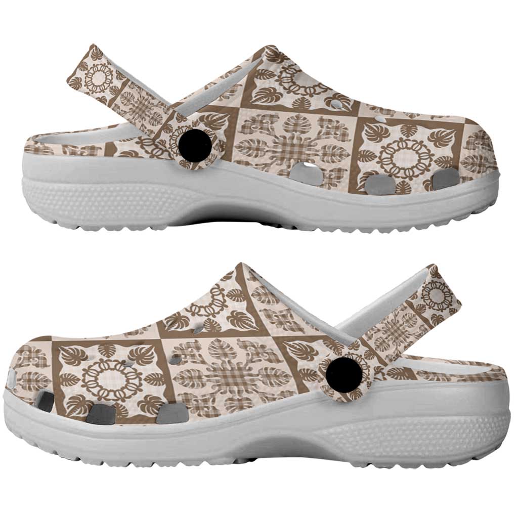 Beige Palaka Quilt Hawaii Clogs Shoes Hawaiian Tropical Monstera Sea Turtle