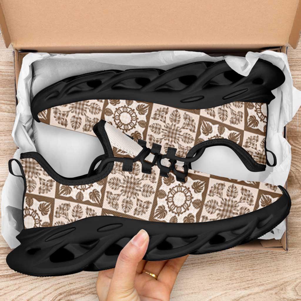 Beige Palaka Quilt Hawaii Clunky Sneakers Hawaiian Tropical Monstera Sea Turtle LT14 - Polynesian Pride