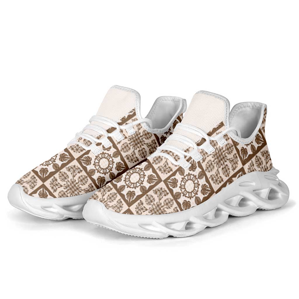 Beige Palaka Quilt Hawaii Clunky Sneakers Hawaiian Tropical Monstera Sea Turtle LT14 - Polynesian Pride