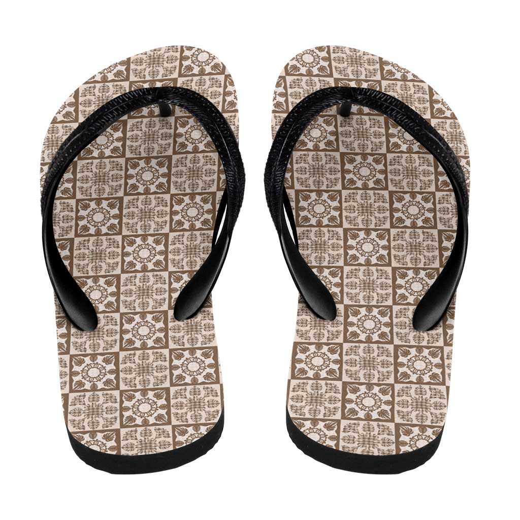 Beige Palaka Quilt Hawaii Flip Flops Hawaiian Tropical Monstera Sea Turtle