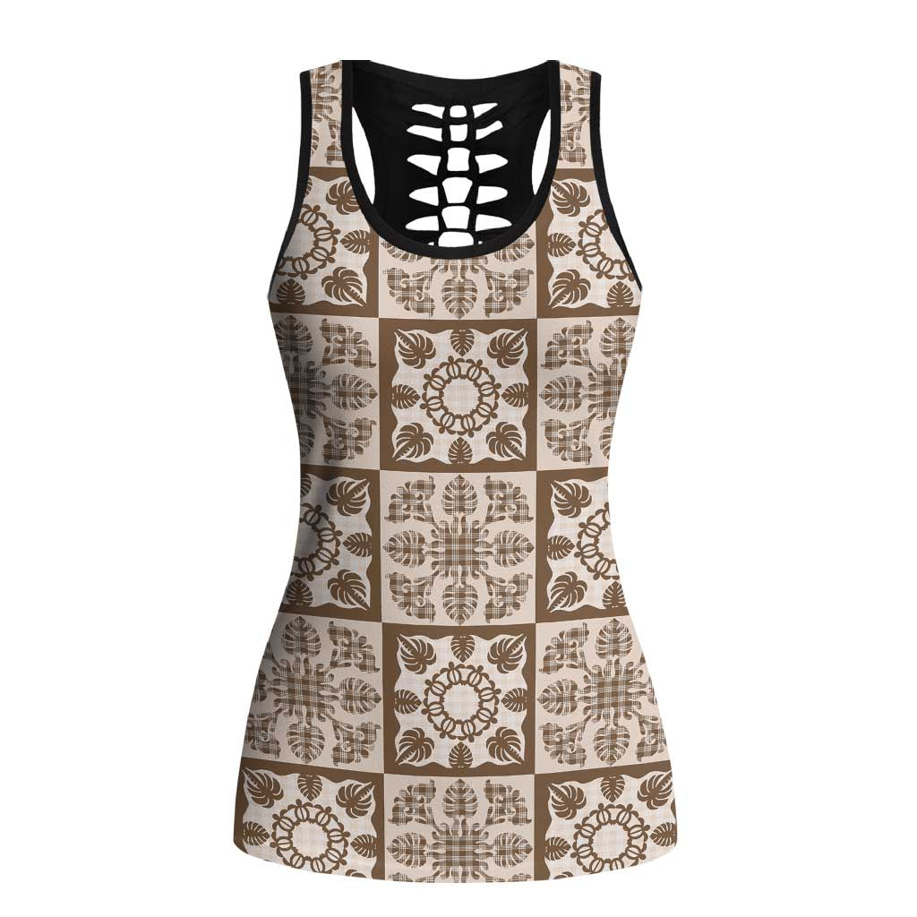 Beige Palaka Quilt Hawaii Hollow Tank Top Hawaiian Tropical Monstera Sea Turtle LT14 Female Beige - Polynesian Pride