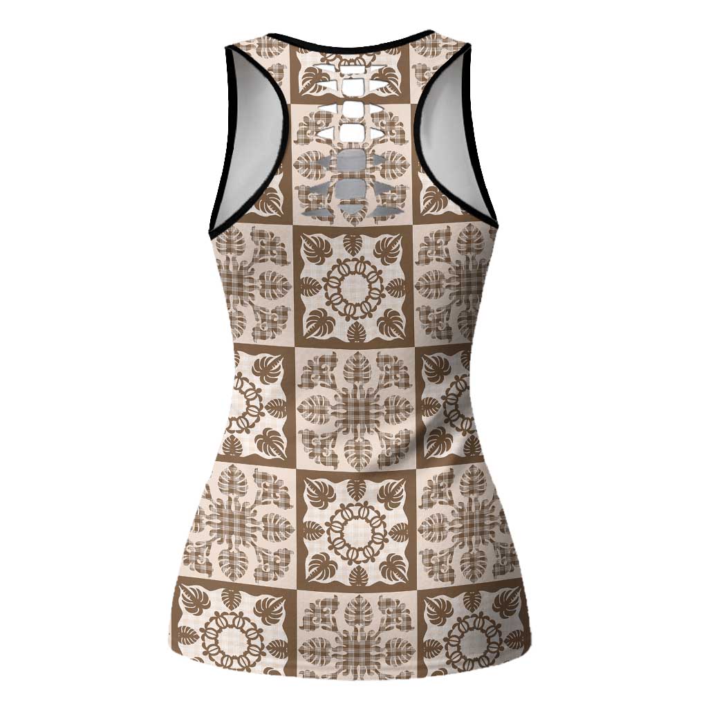 Beige Palaka Quilt Hawaii Hollow Tank Top Hawaiian Tropical Monstera Sea Turtle LT14 - Polynesian Pride