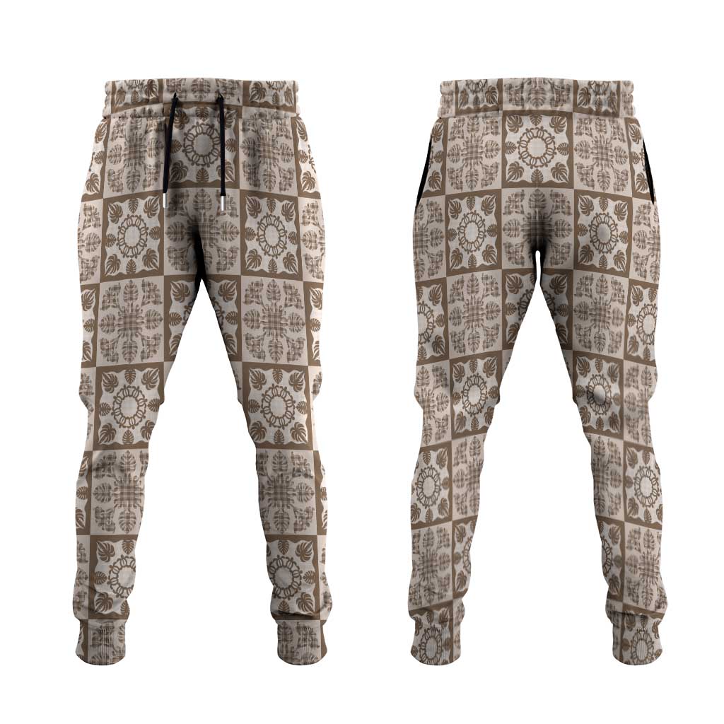 Beige Palaka Quilt Hawaii Jogger Pants Hawaiian Tropical Monstera Sea Turtle LT14 Beige - Polynesian Pride