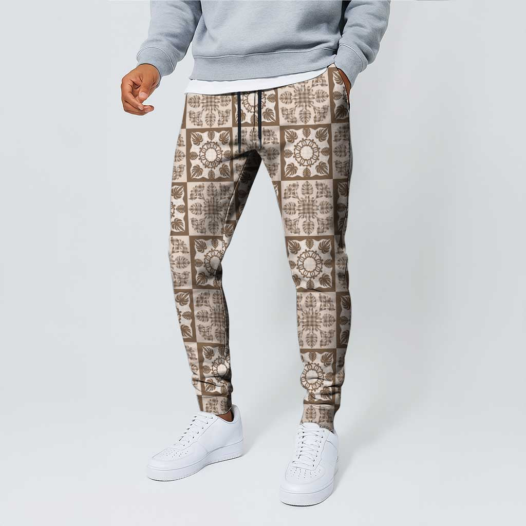 Beige Palaka Quilt Hawaii Jogger Pants Hawaiian Tropical Monstera Sea Turtle LT14 - Polynesian Pride