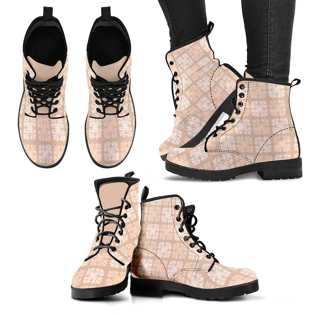 Beige Palaka Quilt Hawaii Leather Boots Traditional Hawaii-plaid Pattern - Polynesian Pride