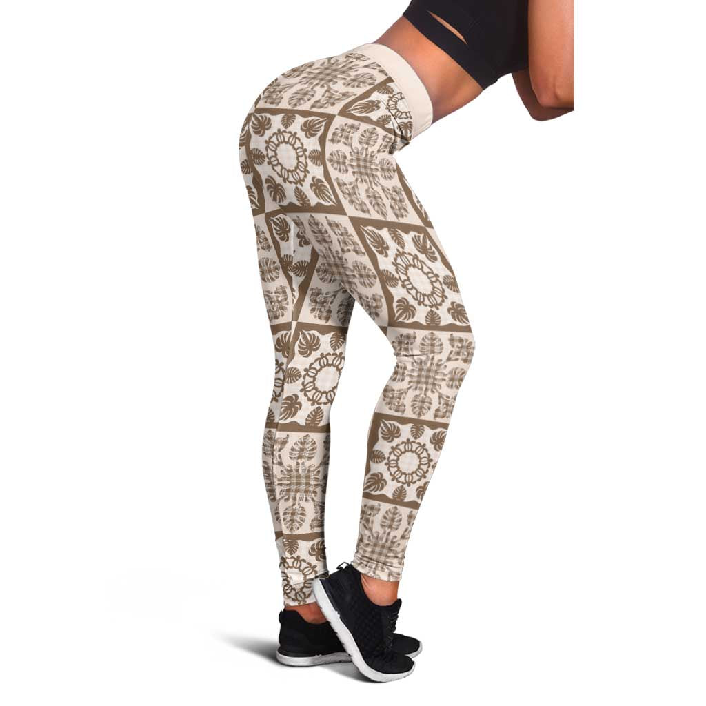 Beige Palaka Quilt Hawaii Leggings Hawaiian Tropical Monstera Sea Turtle