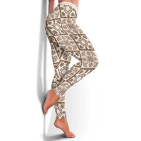 Beige Palaka Quilt Hawaii Leggings Hawaiian Tropical Monstera Sea Turtle