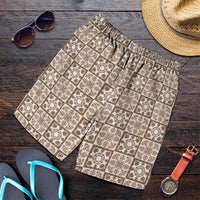 Beige Palaka Quilt Hawaii Shorts for Men Hawaiian Tropical Monstera Sea Turtle LT14 Beige - Polynesian Pride