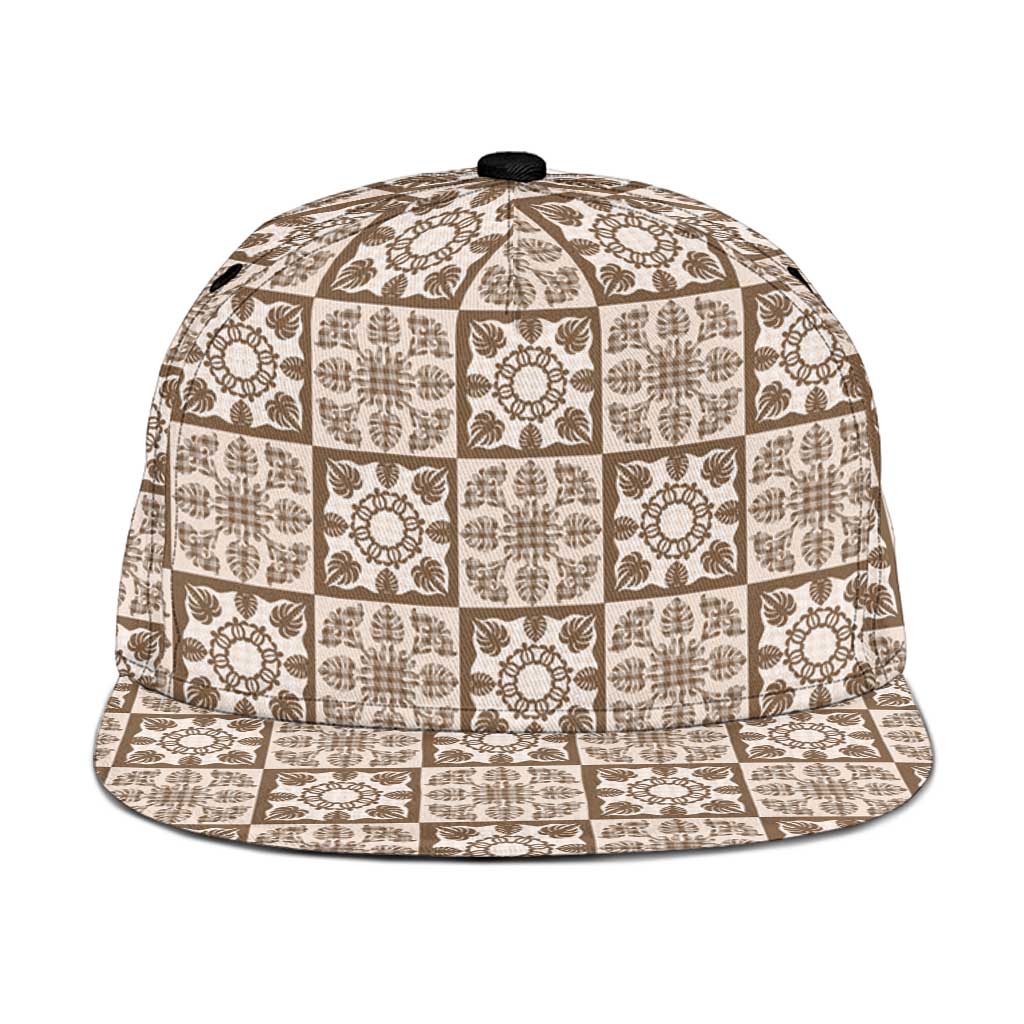 Beige Palaka Quilt Hawaii Snapback Cap Hawaiian Tropical Monstera Sea Turtle