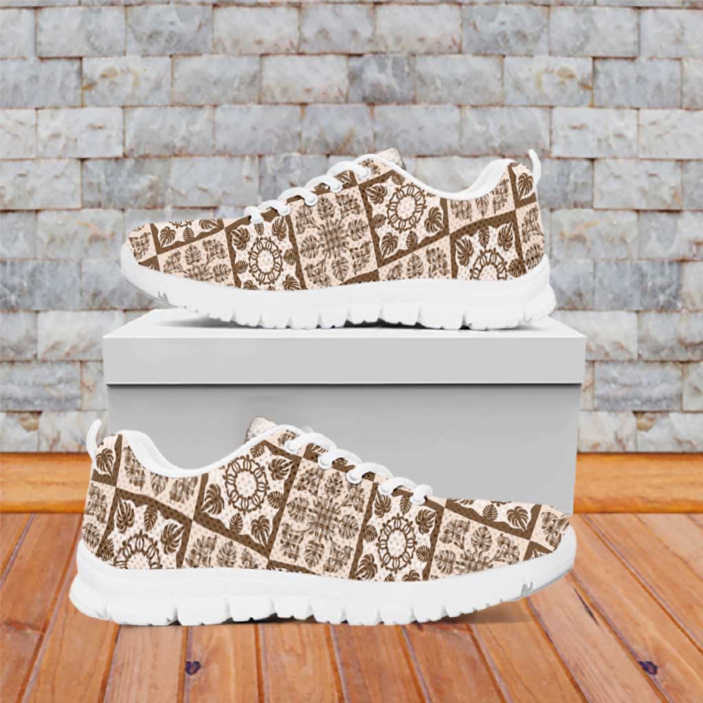 Beige Palaka Quilt Hawaii Sneakers Hawaiian Tropical Monstera Sea Turtle