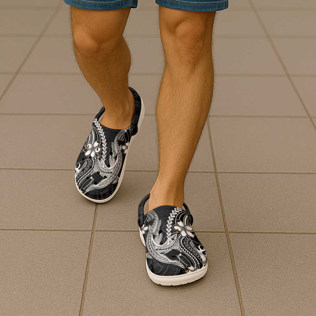 Black Aloha Hawaii Clogs Shoes Polynesian Shark Tattoo With Plumeria - Polynesian Pride