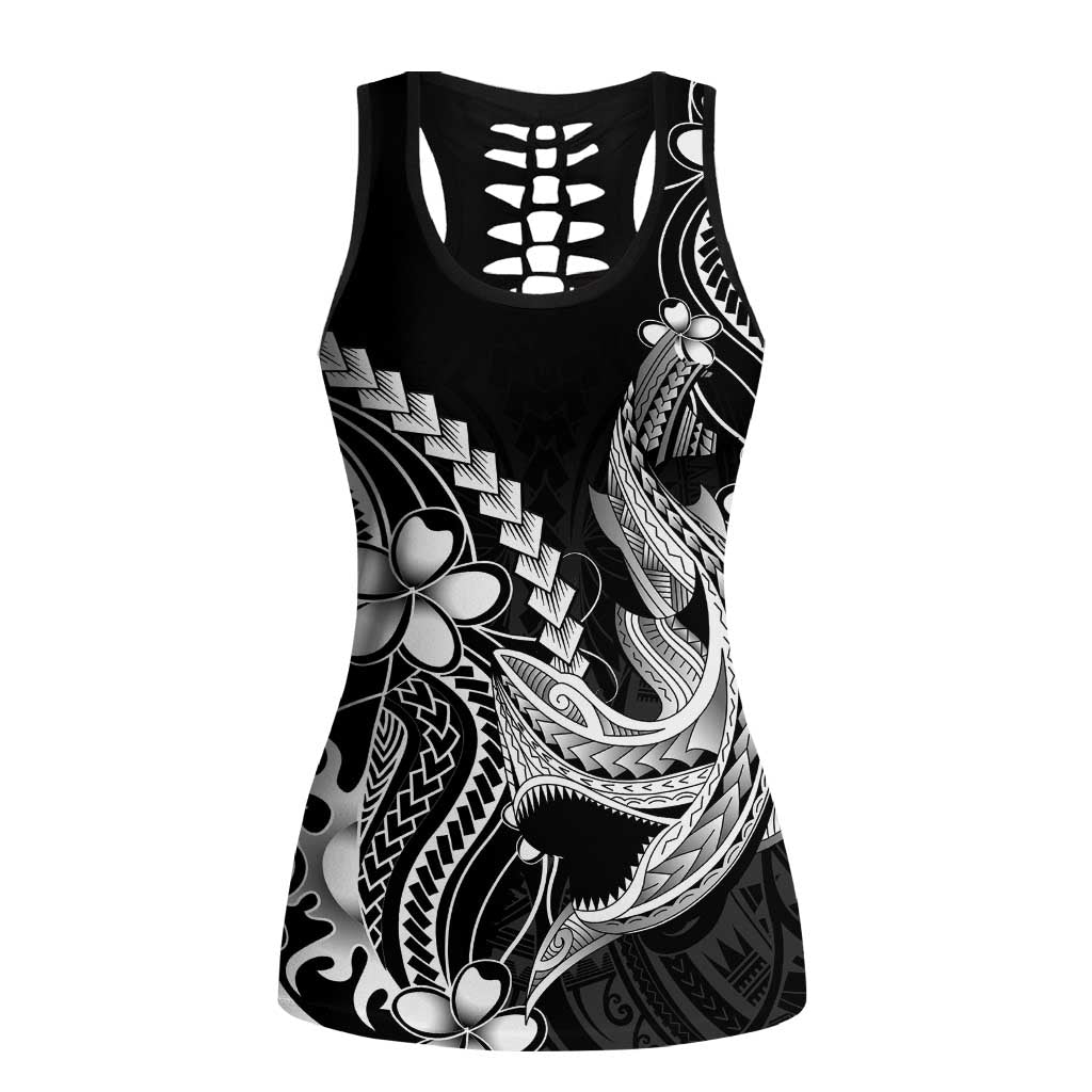 Black Aloha Hawaii Hollow Tank Top Polynesian Shark Tattoo With Plumeria - Polynesian Pride