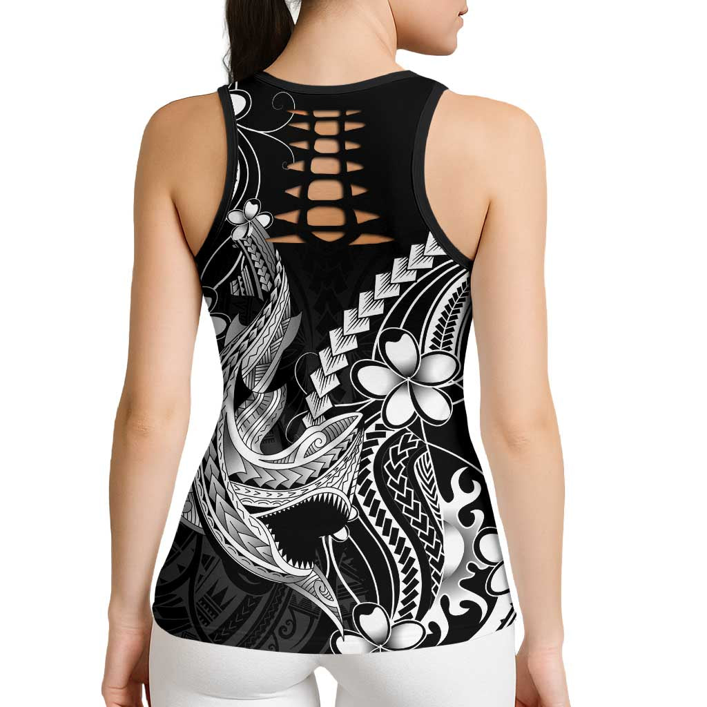 Black Aloha Hawaii Hollow Tank Top Polynesian Shark Tattoo With Plumeria - Polynesian Pride