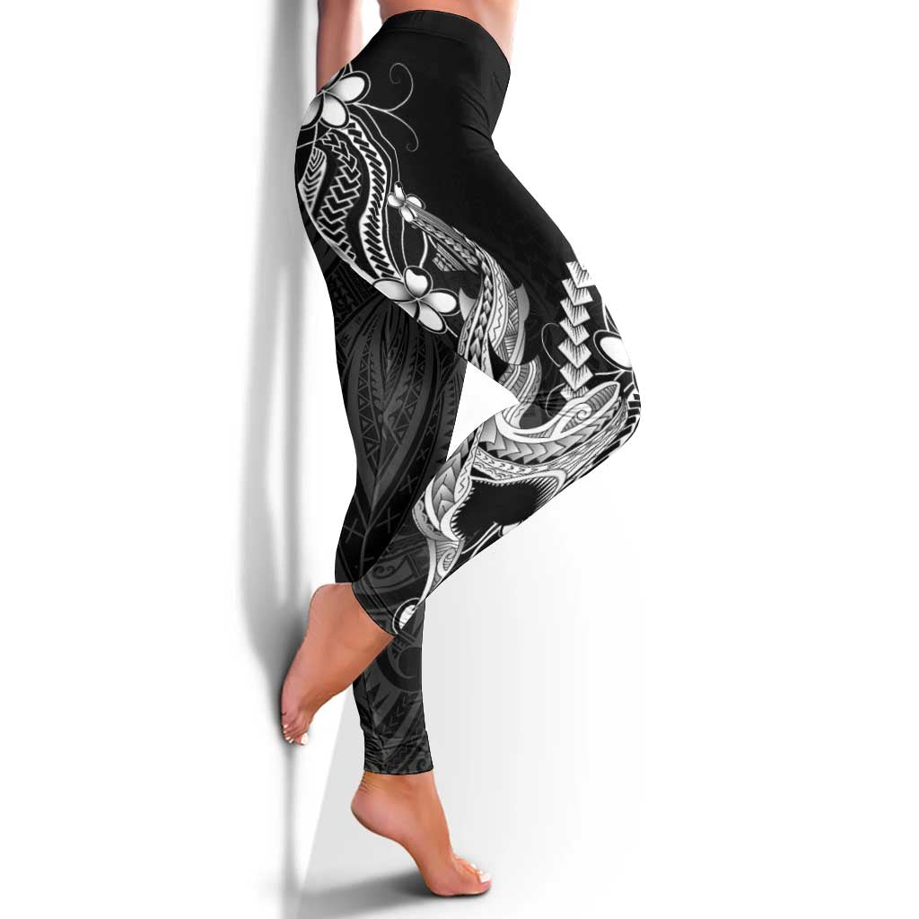 Black Aloha Hawaii Leggings Polynesian Shark Tattoo With Plumeria - Polynesian Pride