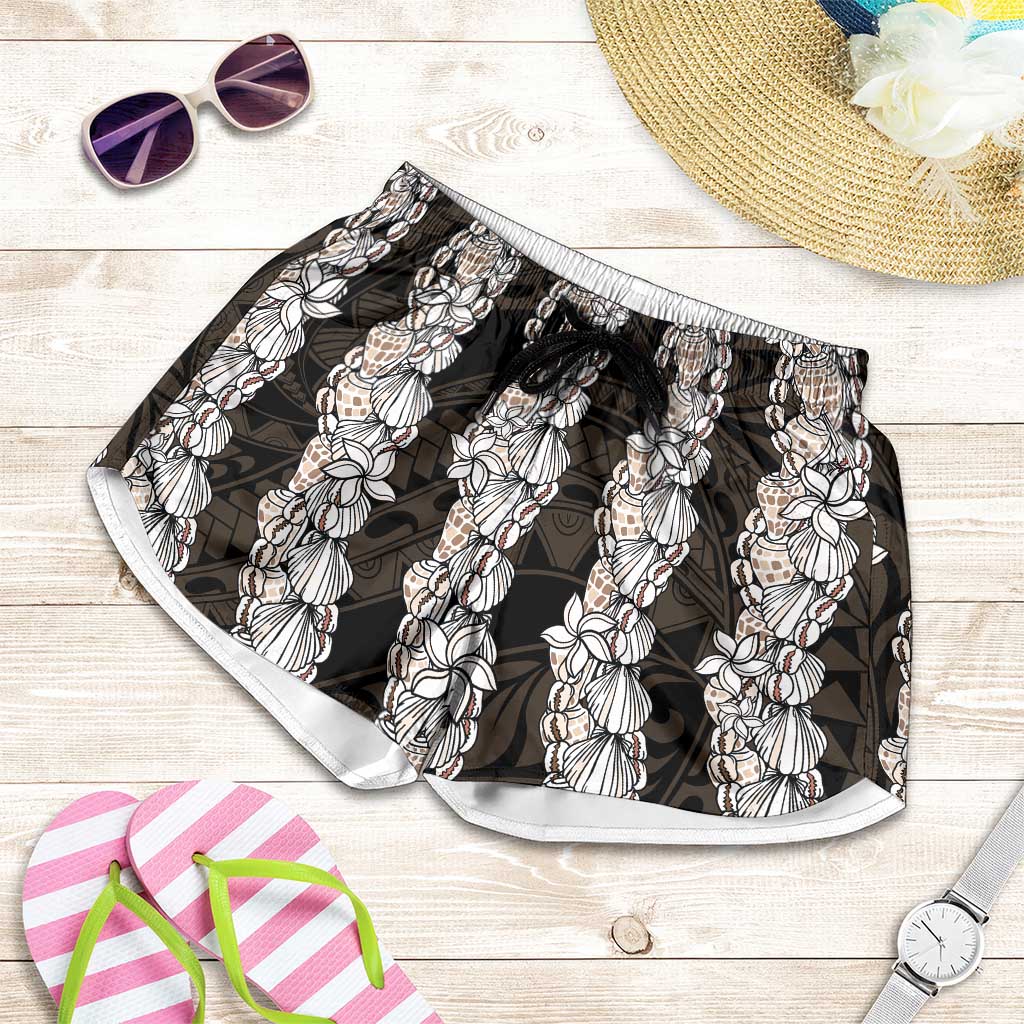Black and Beige Hawaii Shell Lei Shorts for Women Hawaiian Sunrise Shell Hebrew Cone Plumeria - Polynesian Pride