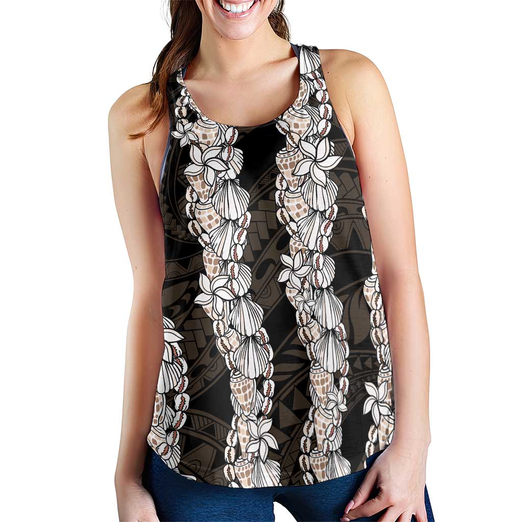 Black and Beige Hawaii Shell Lei Women Racerback Tank Hawaiian Sunrise Shell Hebrew Cone Plumeria - Polynesian Pride