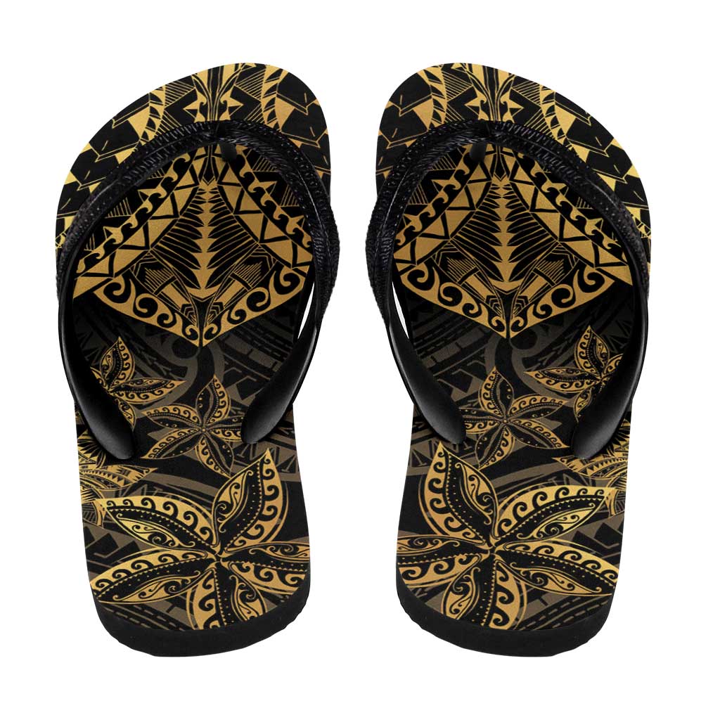Black and Gold Polynesia Flip Flops Plumeria Tattoo With Polynesian Pattern - Polynesian Pride