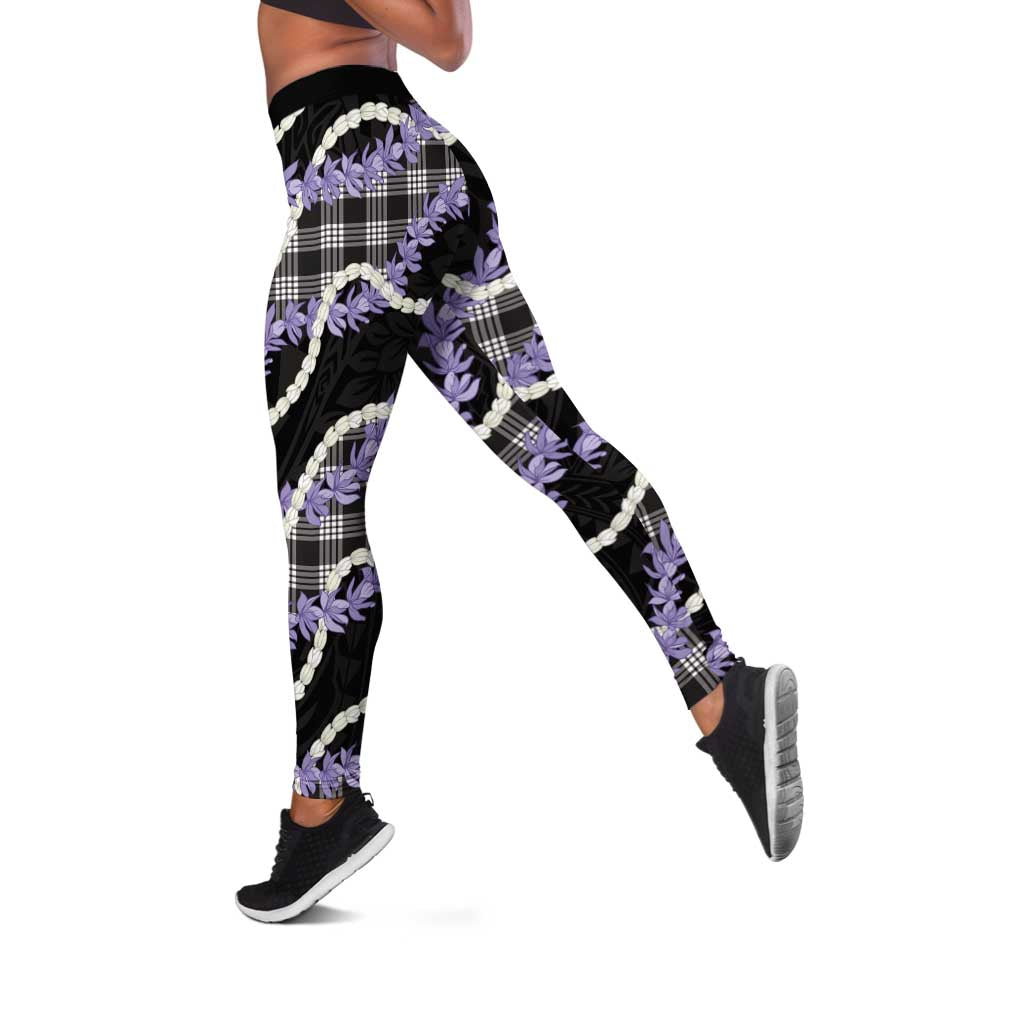 Black Hawaii Palaka Honohono Pikake Leggings Hawaiian Orchid Lei Polynesian Pattern - Polynesian Pride