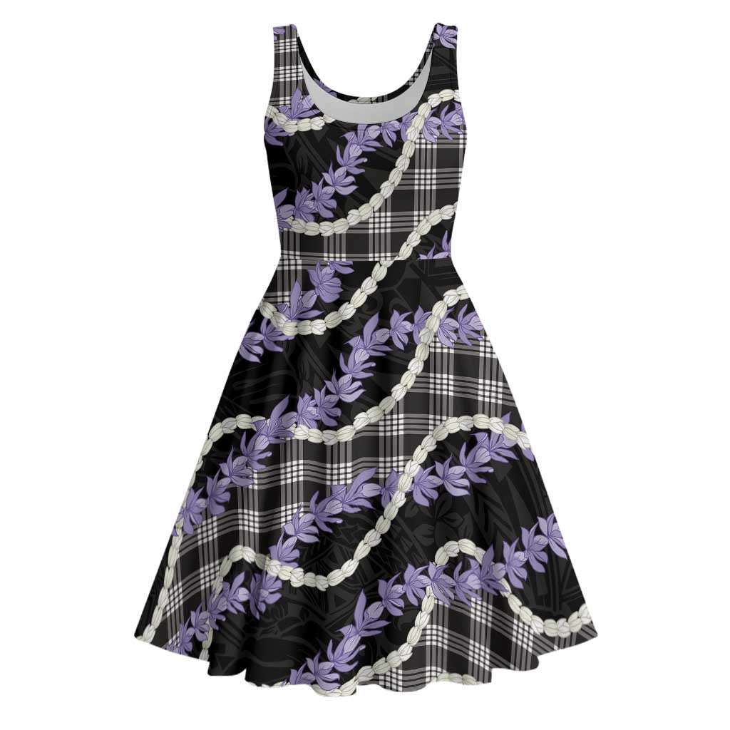 Black Hawaii Palaka Honohono Pikake Midi Dress Hawaiian Orchid Lei Polynesian Pattern - Polynesian Pride