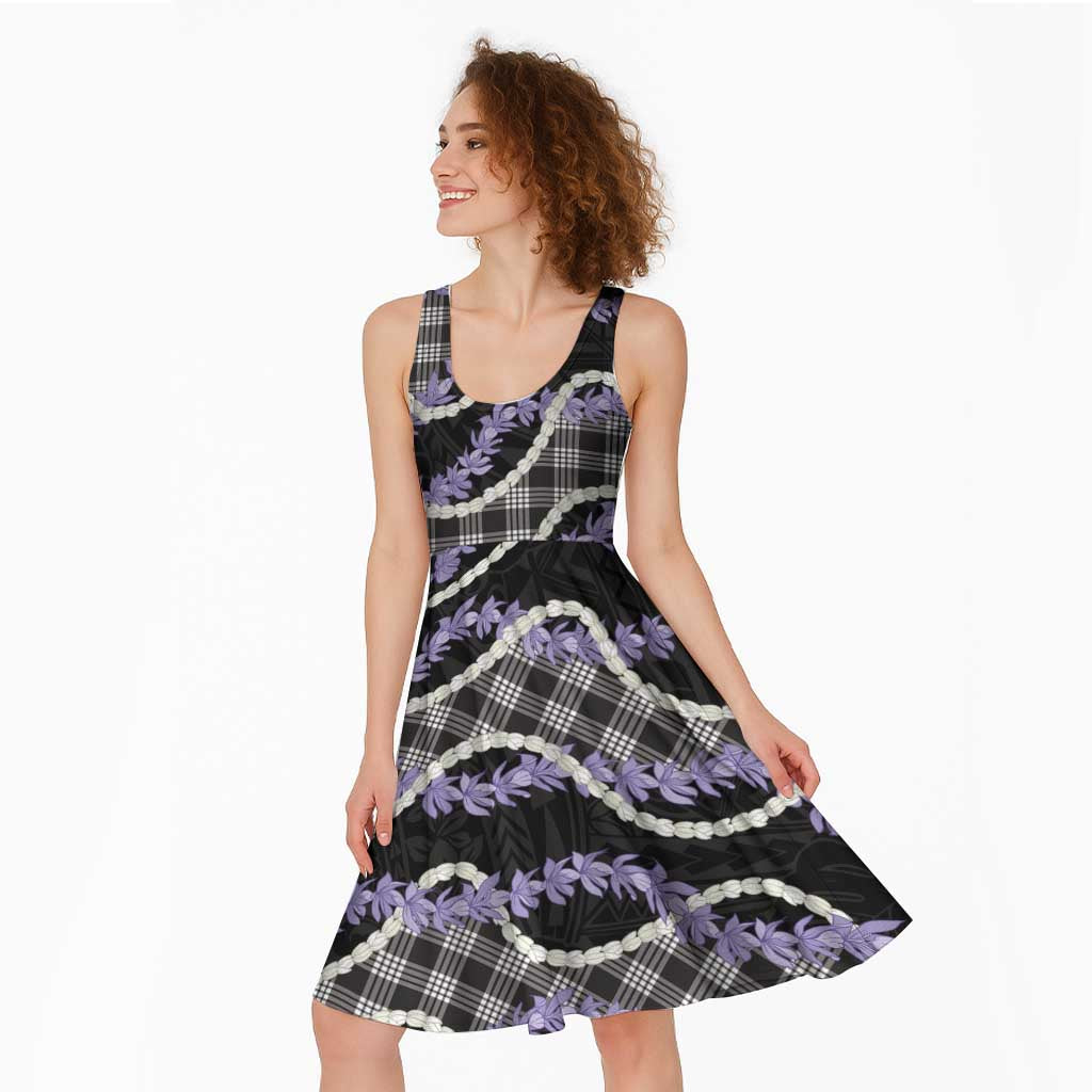 Black Hawaii Palaka Honohono Pikake Midi Dress Hawaiian Orchid Lei Polynesian Pattern - Polynesian Pride