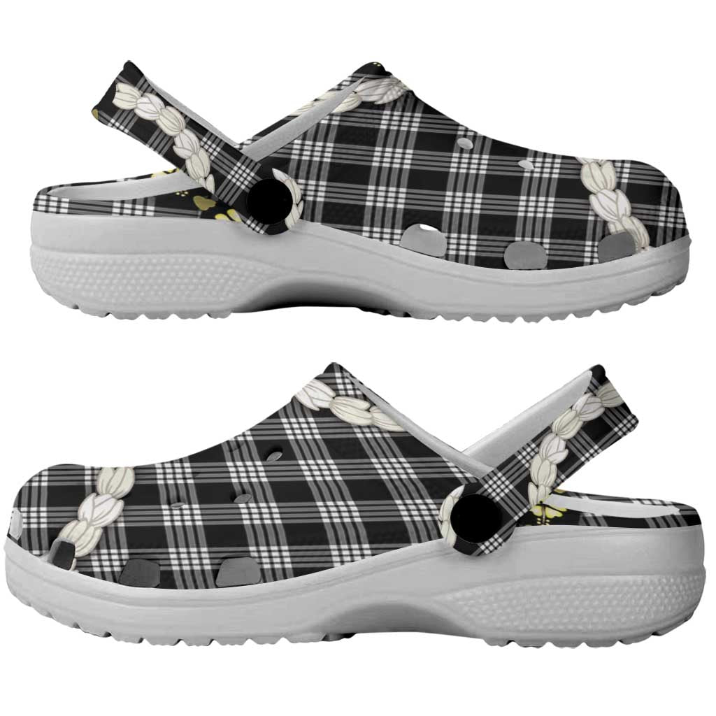 Black Palaka Hawaii Clogs Shoes Kukui Nut Pikake Lei Hawaiian Tapa Pattern - Polynesian Pride