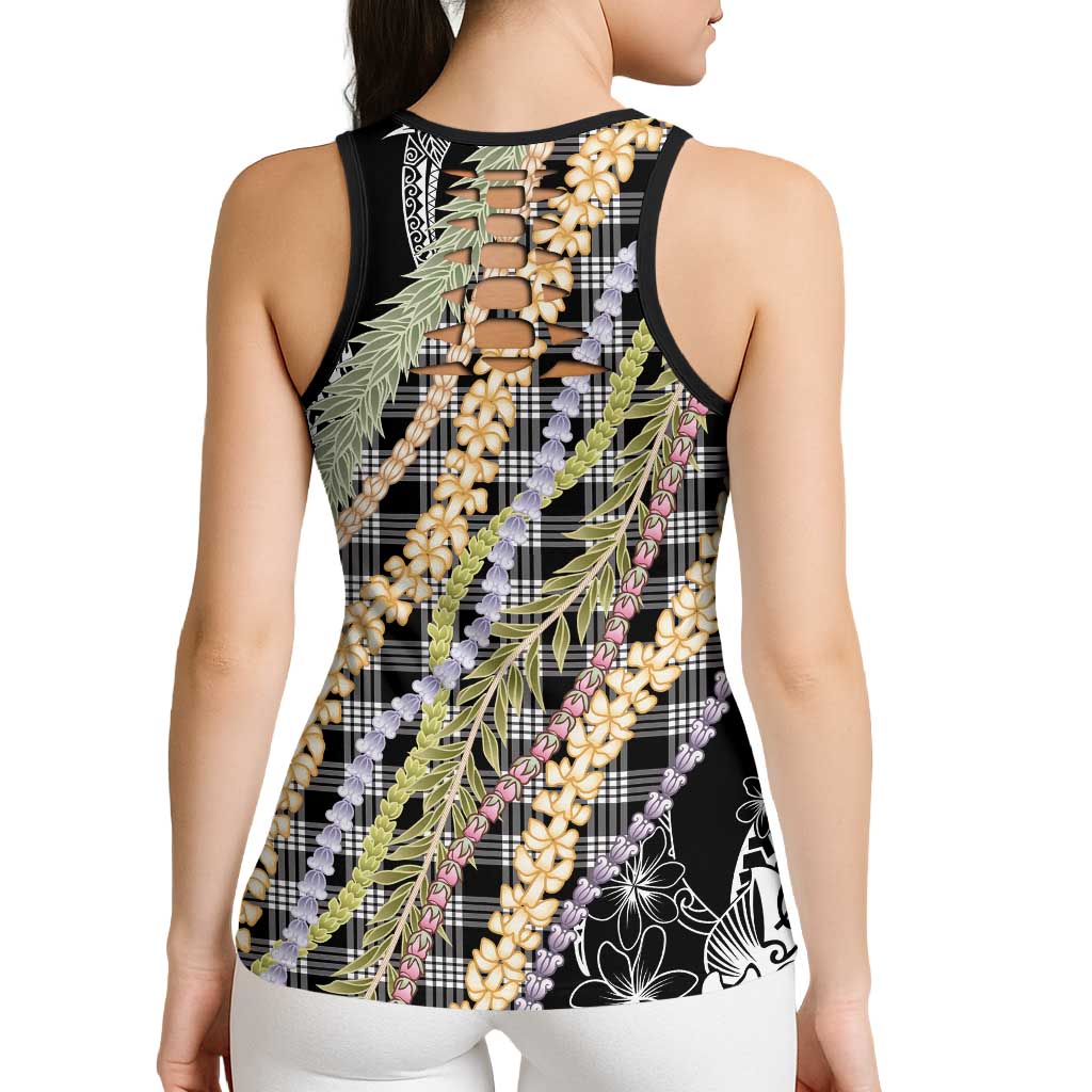 Black Palaka Hawaii Leis Hollow Tank Top Hawaiian-plaid Elegant Tropical Vibes - Polynesian Pride