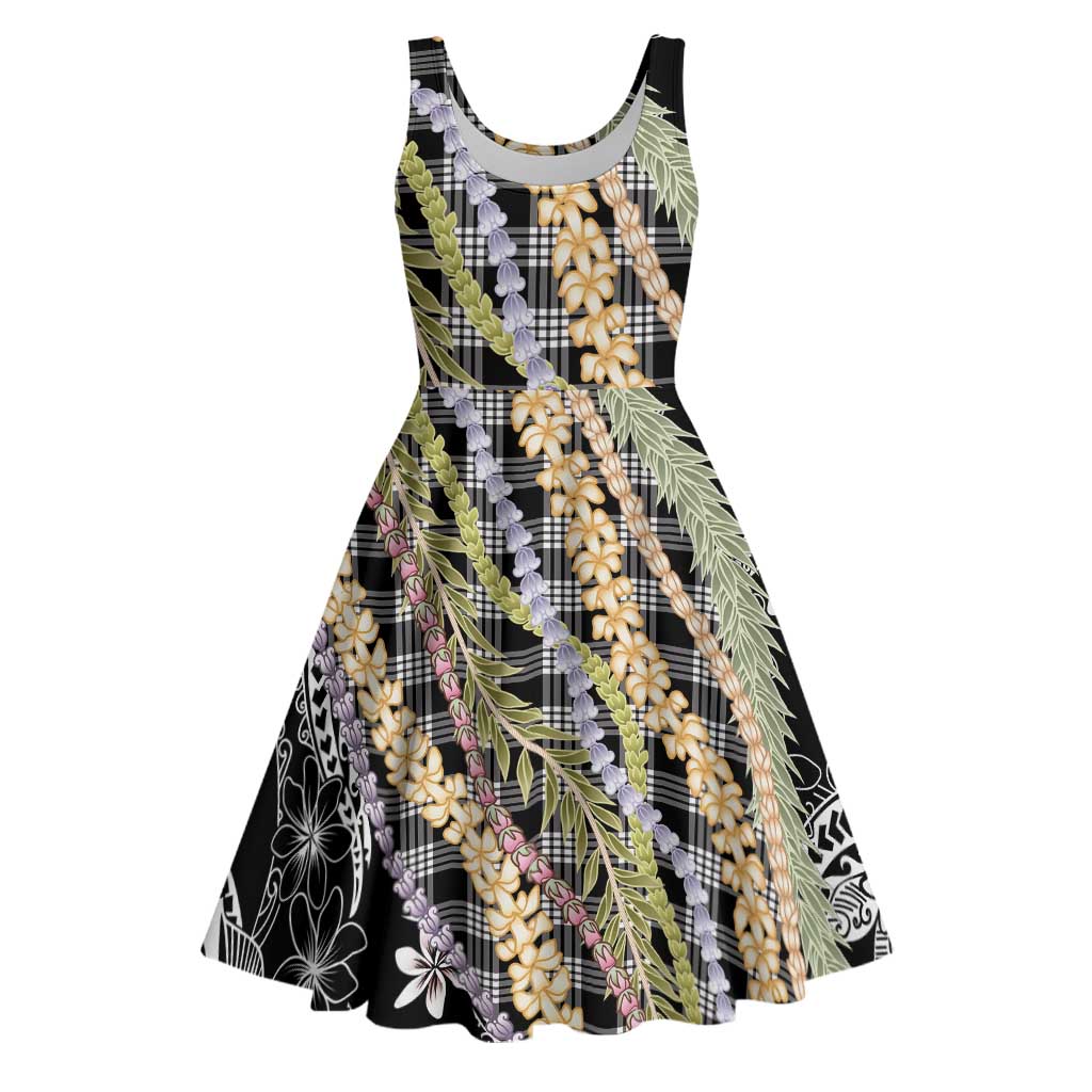 hawaiian print midi dress Black Palaka Hawaii Leis Midi Dress Hawaiian-plaid Elegant Tropical Vibes