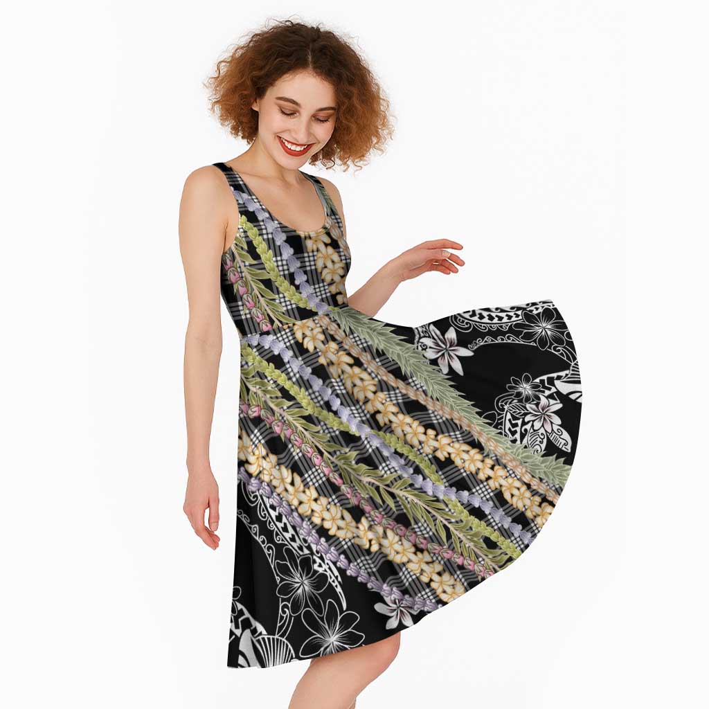 Black Palaka Hawaii Leis Midi Dress Hawaiian plaid Elegant Tropical Vibes
