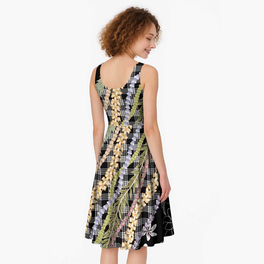 Black Palaka Hawaii Leis Midi Dress Hawaiian-plaid Elegant Tropical Vibes - Polynesian Pride