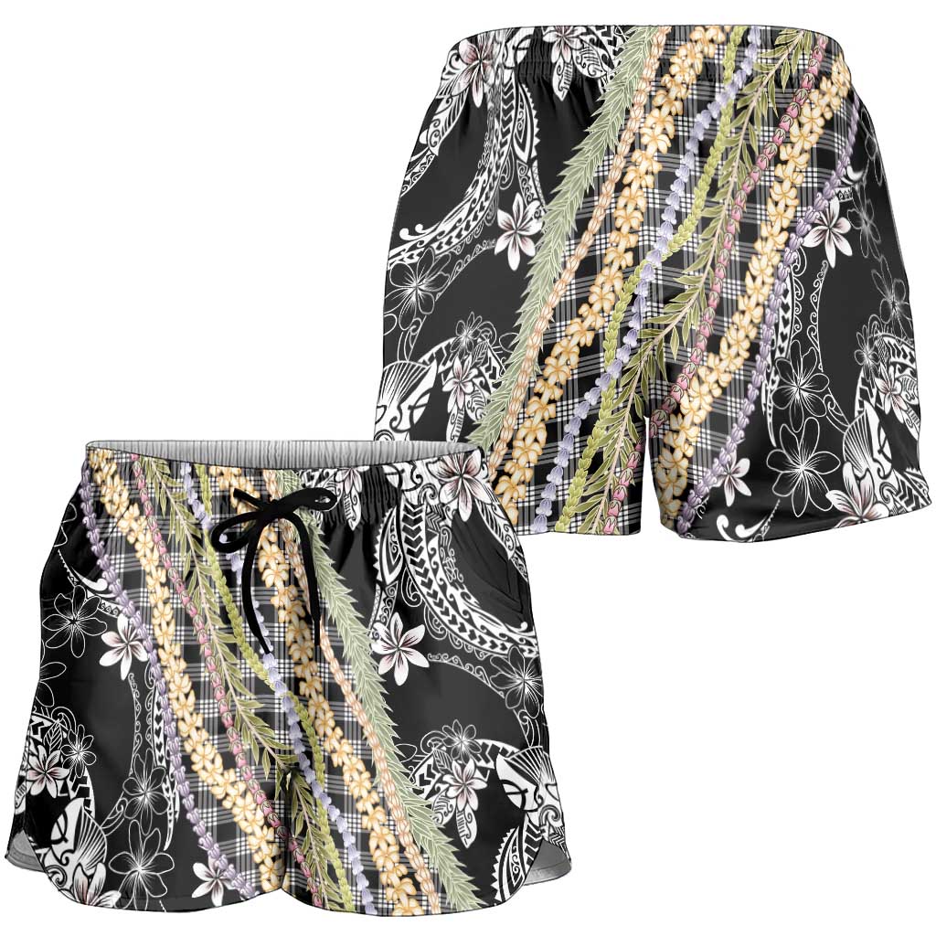 Black Palaka Hawaii Leis Shorts for Women Hawaiian-plaid Elegant Tropical Vibes - Polynesian Pride