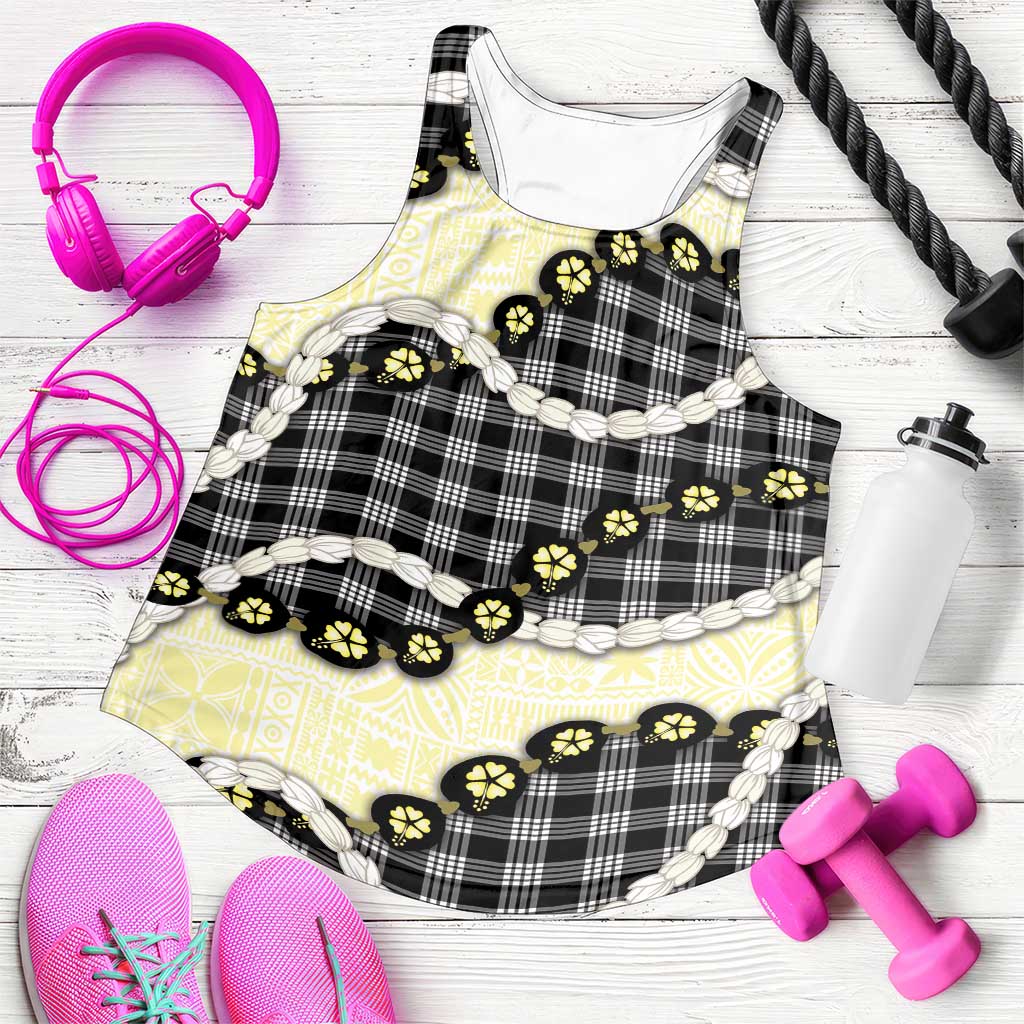 Black Palaka Hawaii Women Racerback Tank Kukui Nut Pikake Lei Hawaiian Tapa Pattern - Polynesian Pride