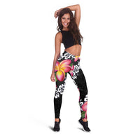 Black Polynesia Leggings Plumeria With Hibiscus Pattern Tropical Vibes - Polynesian Pride