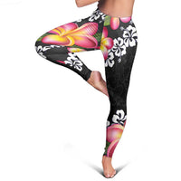 Black Polynesia Leggings Plumeria With Hibiscus Pattern Tropical Vibes - Polynesian Pride