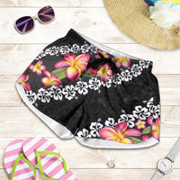 Black Polynesia Shorts for Women Plumeria With Hibiscus Pattern Tropical Vibes - Polynesian Pride