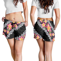 Black Polynesia Shorts for Women Plumeria With Hibiscus Pattern Tropical Vibes - Polynesian Pride