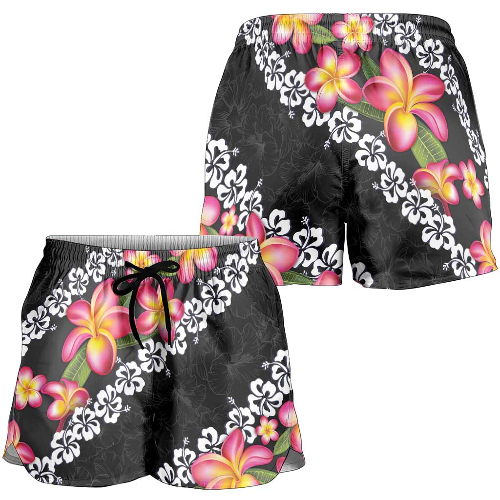 Black Polynesia Shorts for Women Plumeria With Hibiscus Pattern Tropical Vibes - Polynesian Pride