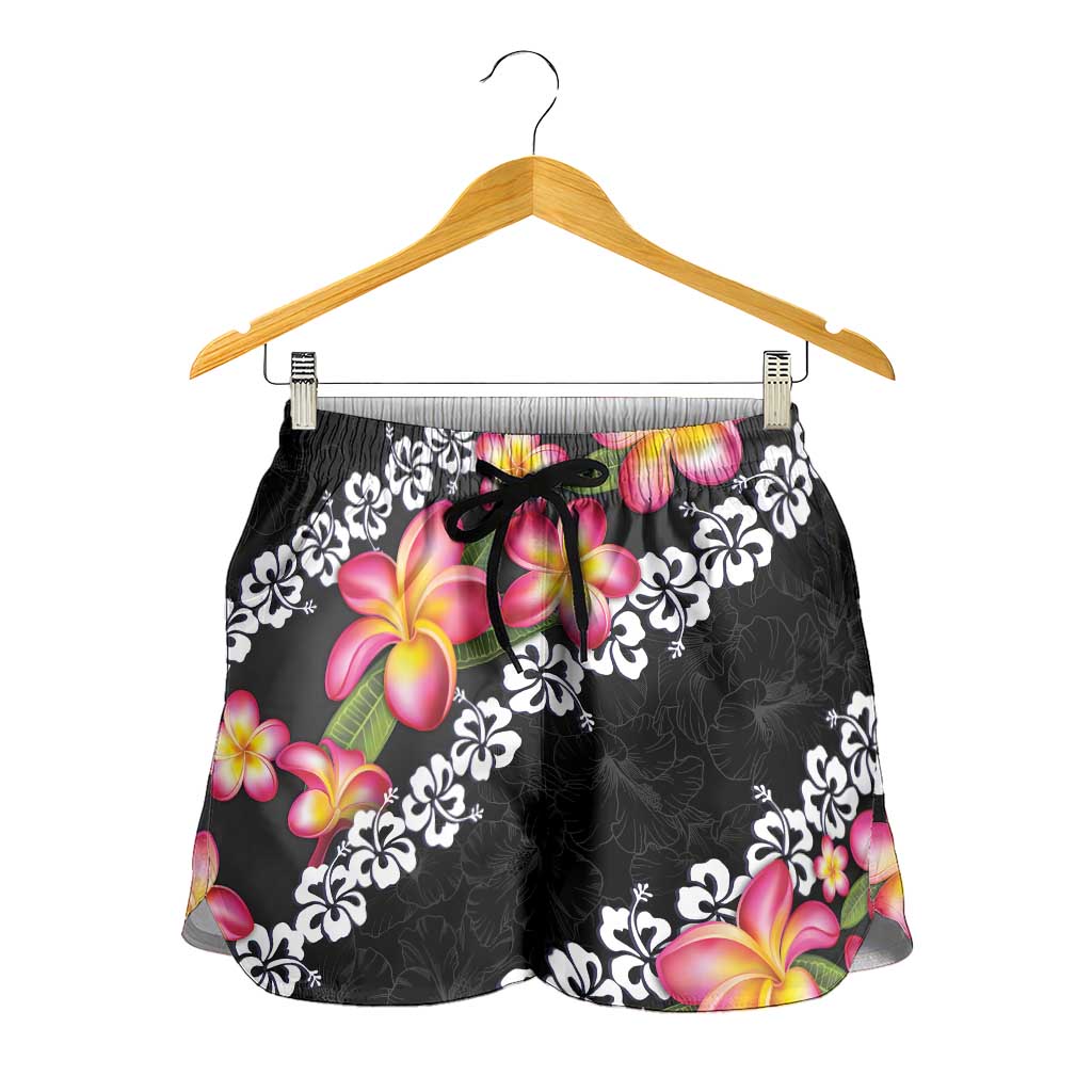 Black Polynesia Shorts for Women Plumeria With Hibiscus Pattern Tropical Vibes - Polynesian Pride