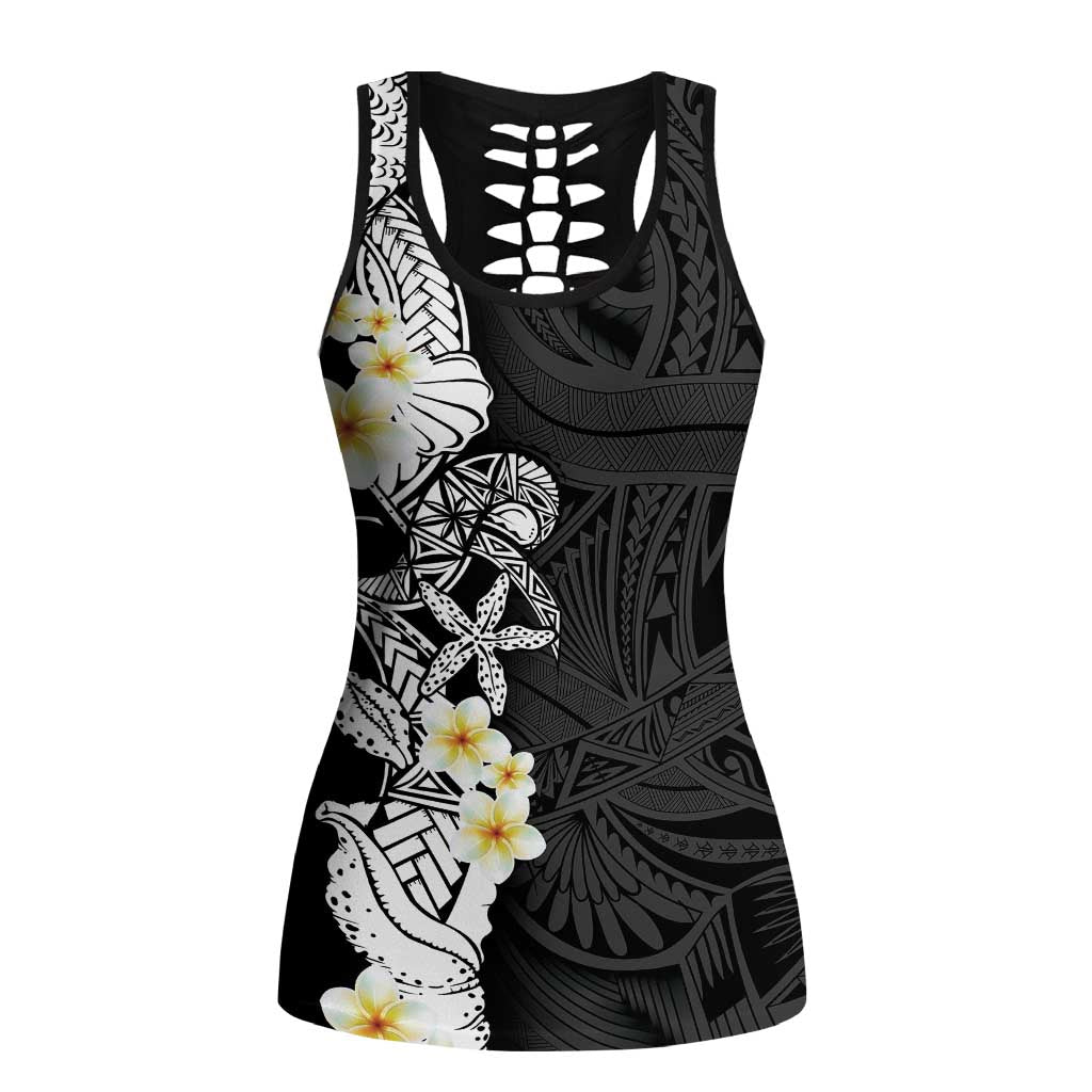 Black Samoa Tattoo Hollow Tank Top Plumeria Samoan Ocean Tatau Pattern LT14 Female Black - Polynesian Pride