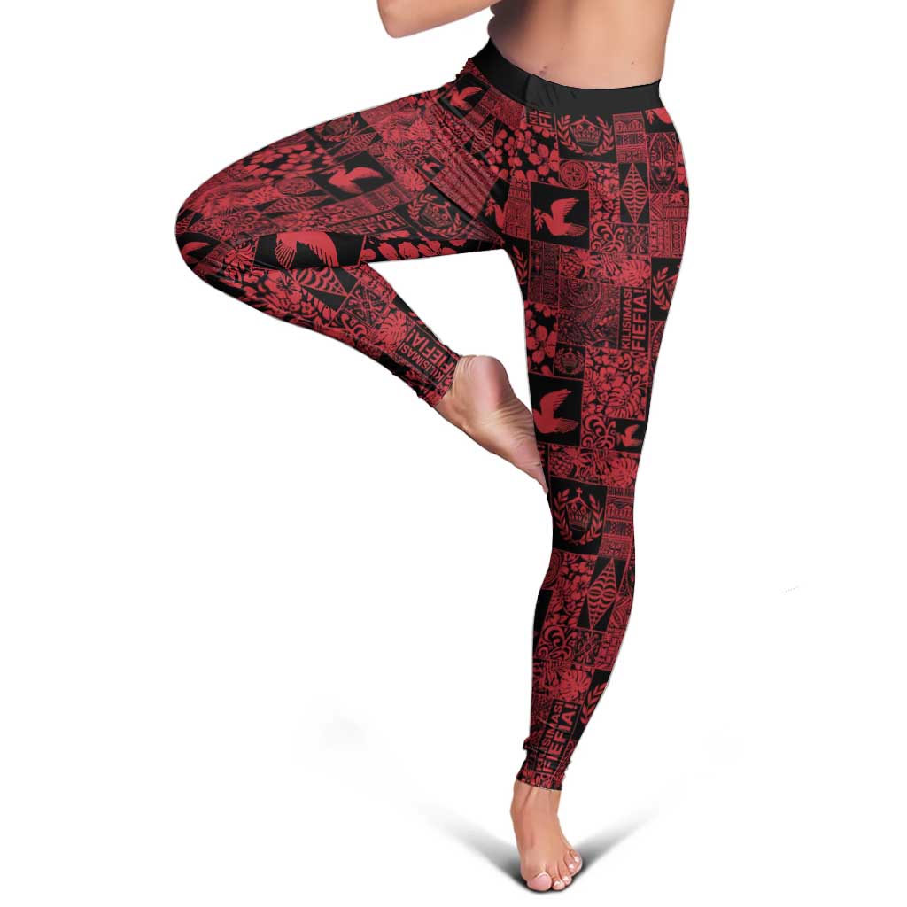 Black Tonga Kilisimasi Fiefia Leggings Pacific Patchwork Xmas Vibes - Polynesian Pride