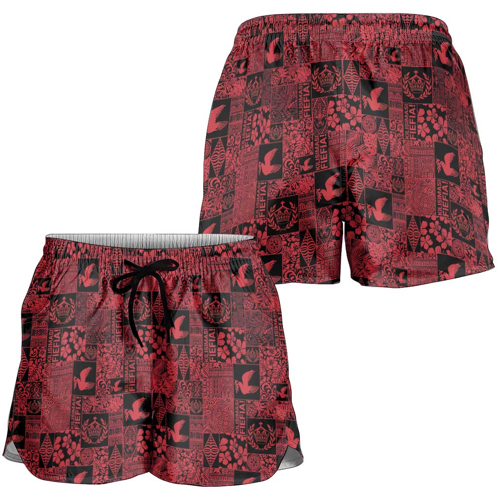 Black Tonga Kilisimasi Fiefia Shorts for Women Pacific Patchwork Xmas Vibes - Polynesian Pride