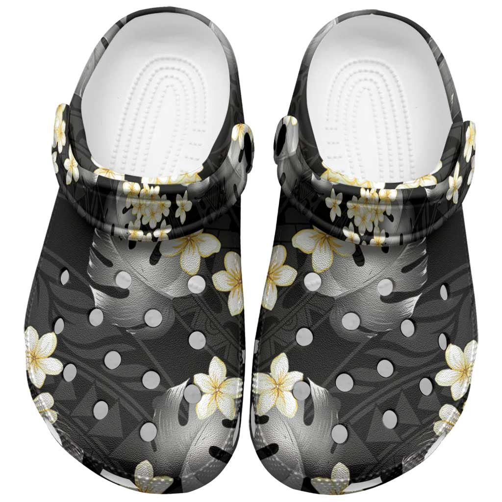 Black Tropical Hawaii Clogs Shoes Seamless Monstera Plumeria Hawaiian Pattern - Polynesian Pride