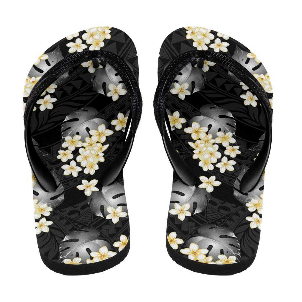 Black Tropical Hawaii Flip Flops Seamless Monstera Plumeria Hawaiian Pattern - Polynesian Pride