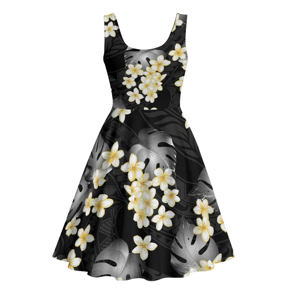 Black Tropical Hawaii Midi Dress Seamless Monstera Plumeria Hawaiian Pattern - Polynesian Pride