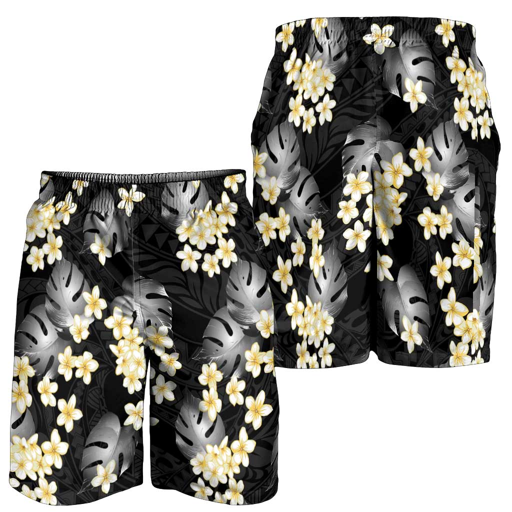 Black Tropical Hawaii Shorts for Men Seamless Monstera Plumeria Hawaiian Pattern - Polynesian Pride