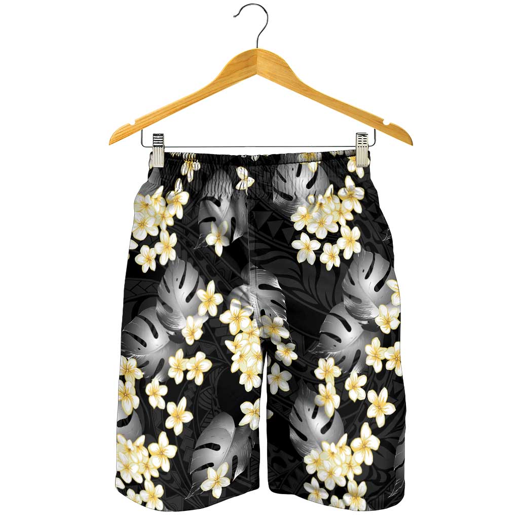 Black Tropical Hawaii Shorts for Men Seamless Monstera Plumeria Hawaiian Pattern - Polynesian Pride