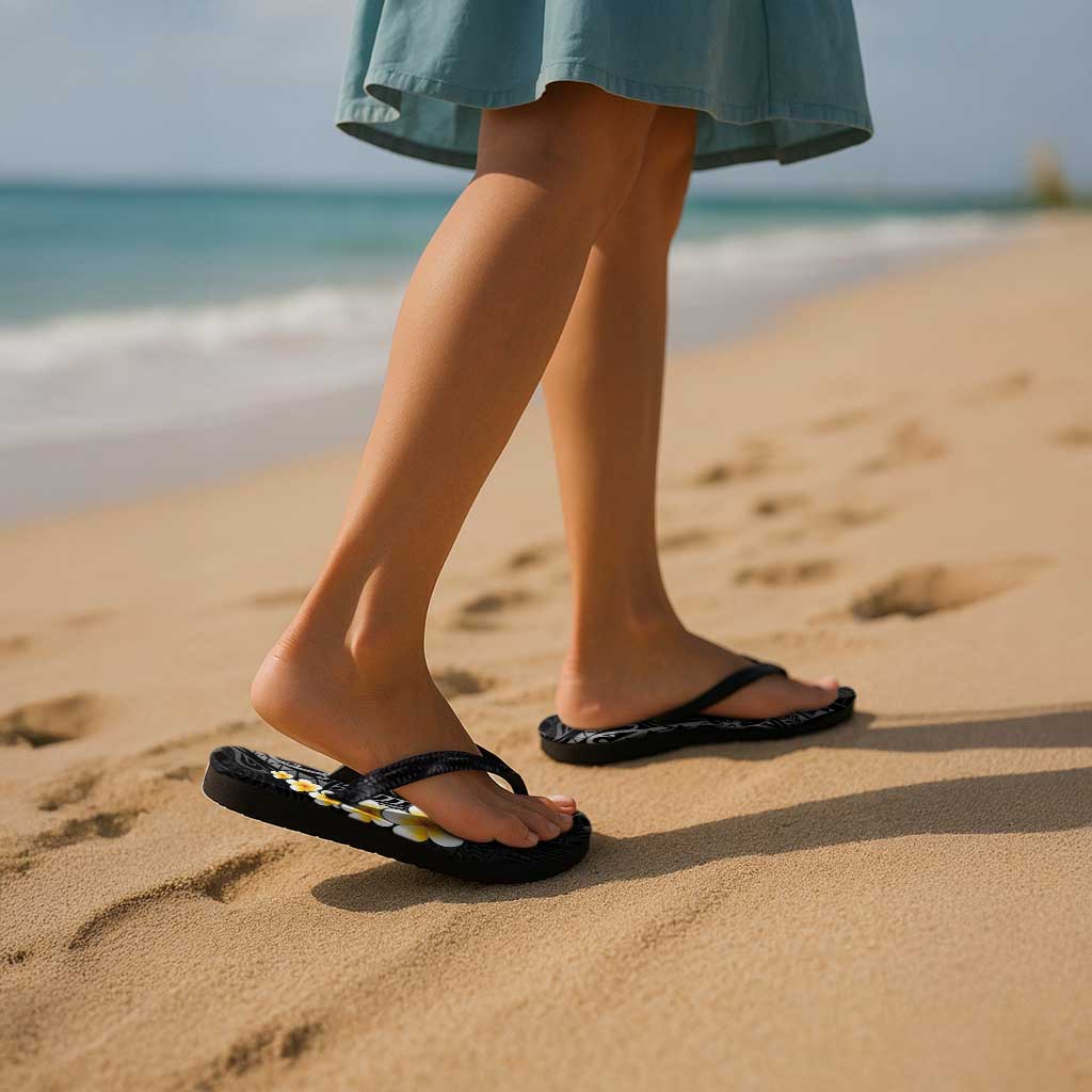 Black Tropical Plumeria Galaxy Polynesian Art Flip Flops - Polynesian Pride