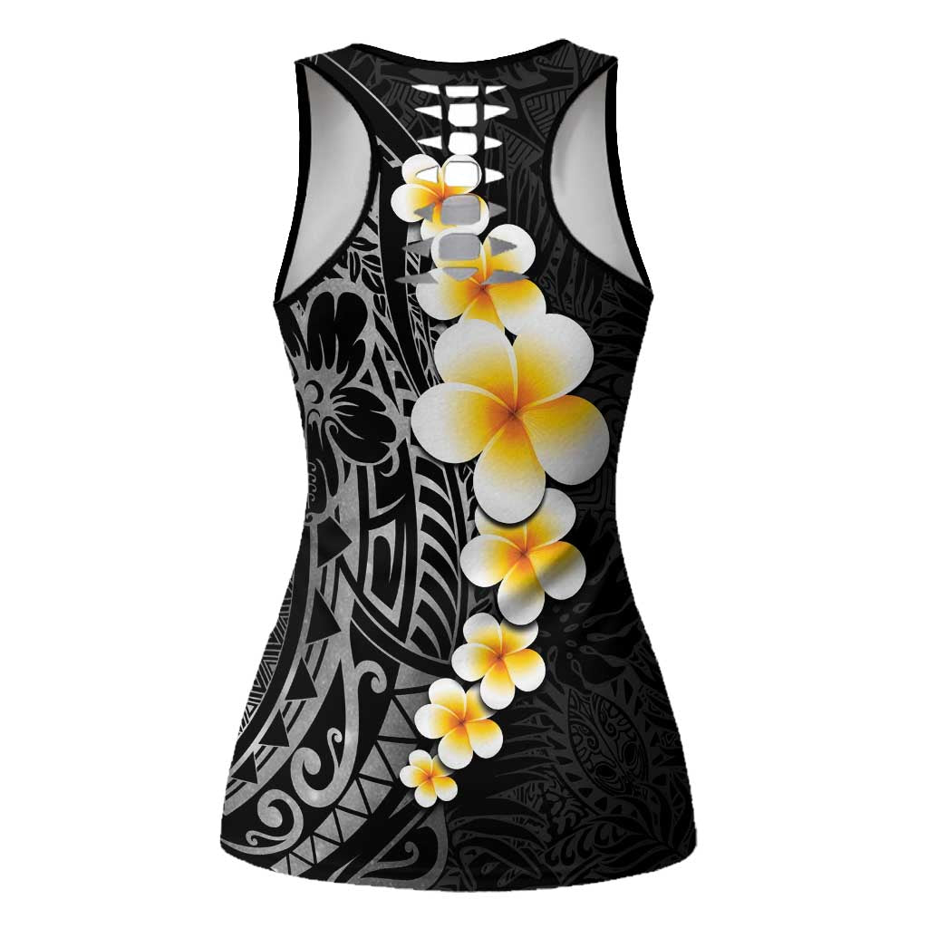 Black Tropical Plumeria With Galaxy Polynesian Art Hollow Tank Top - Polynesian Pride