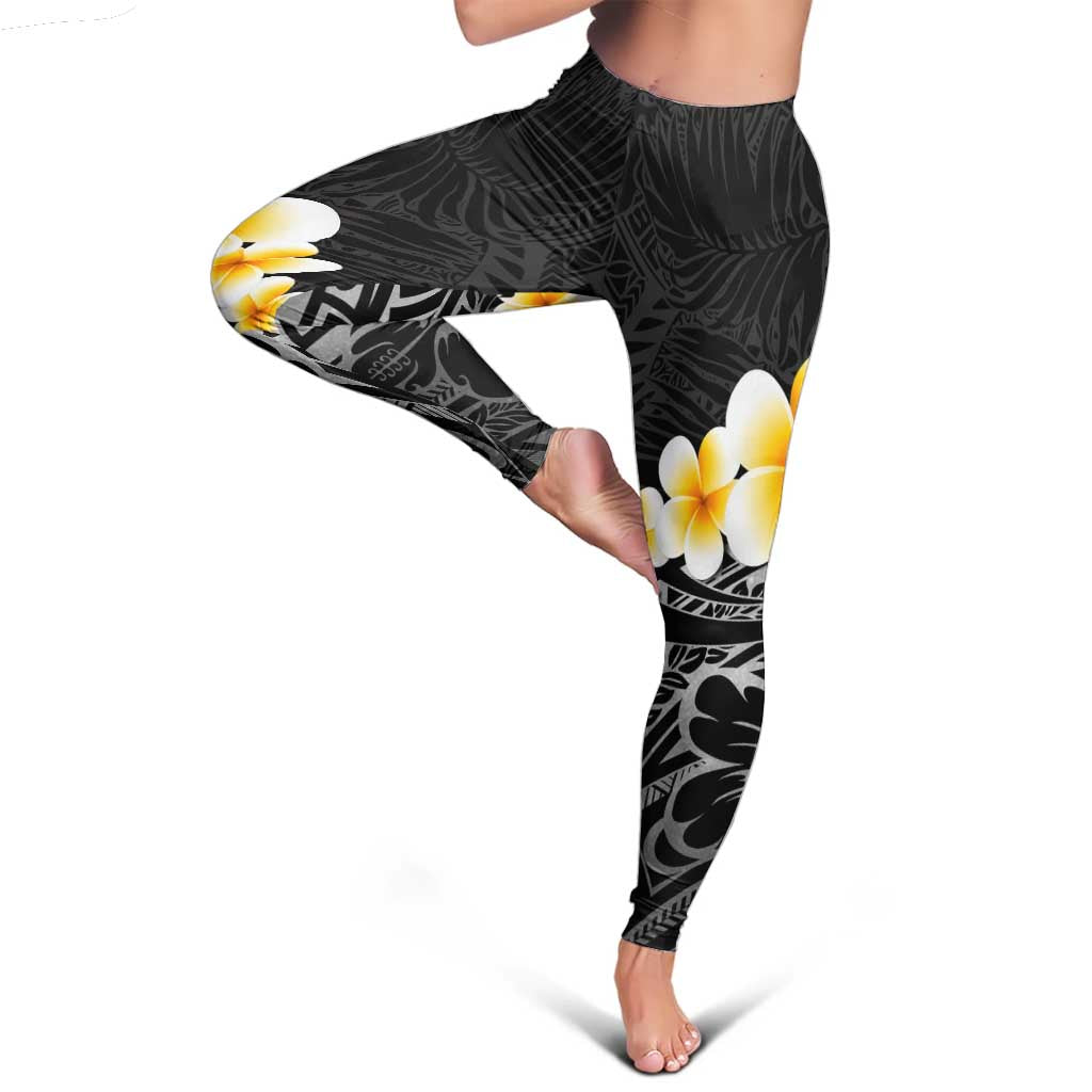 Black Tropical Plumeria With Galaxy Polynesian Art Leggings - Polynesian Pride